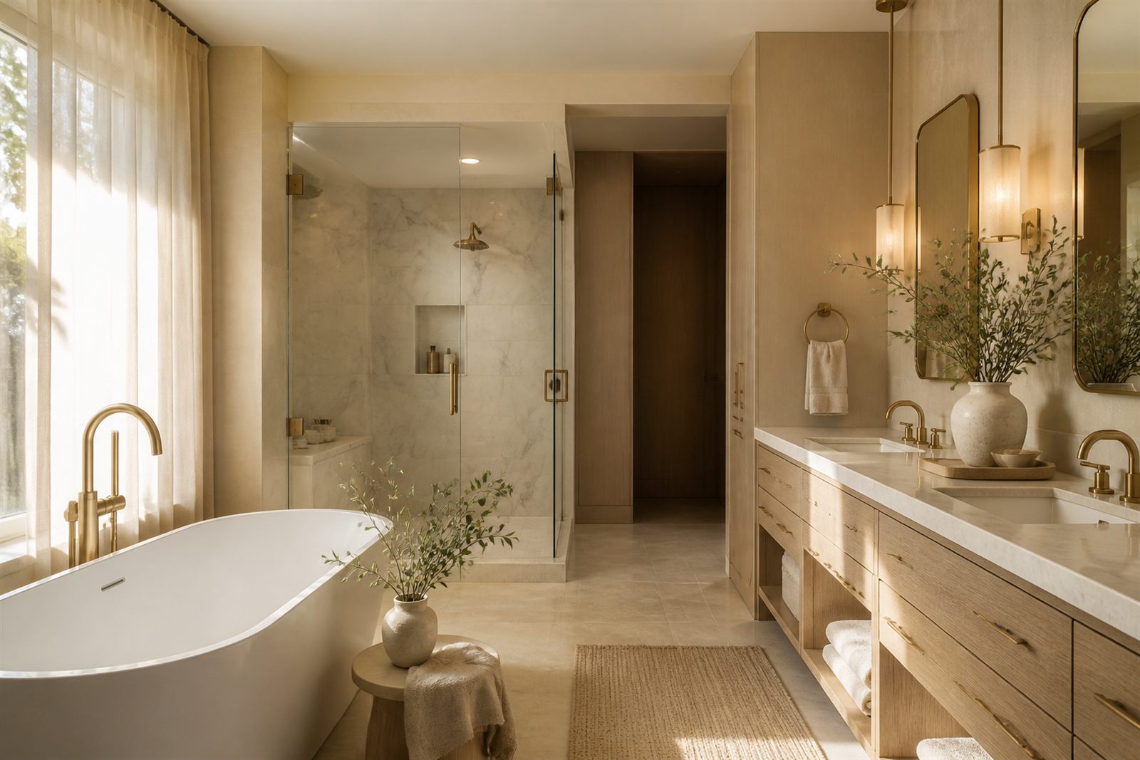 A luxurious bathroom with a freestanding tub, stone tile, and warm lighting