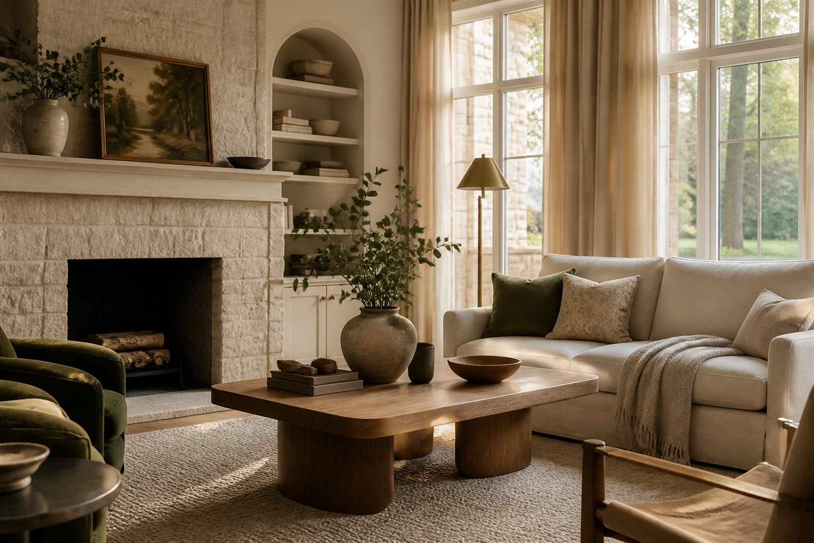 A timeless living room with a cream sofa, oak table, and warm natural light
